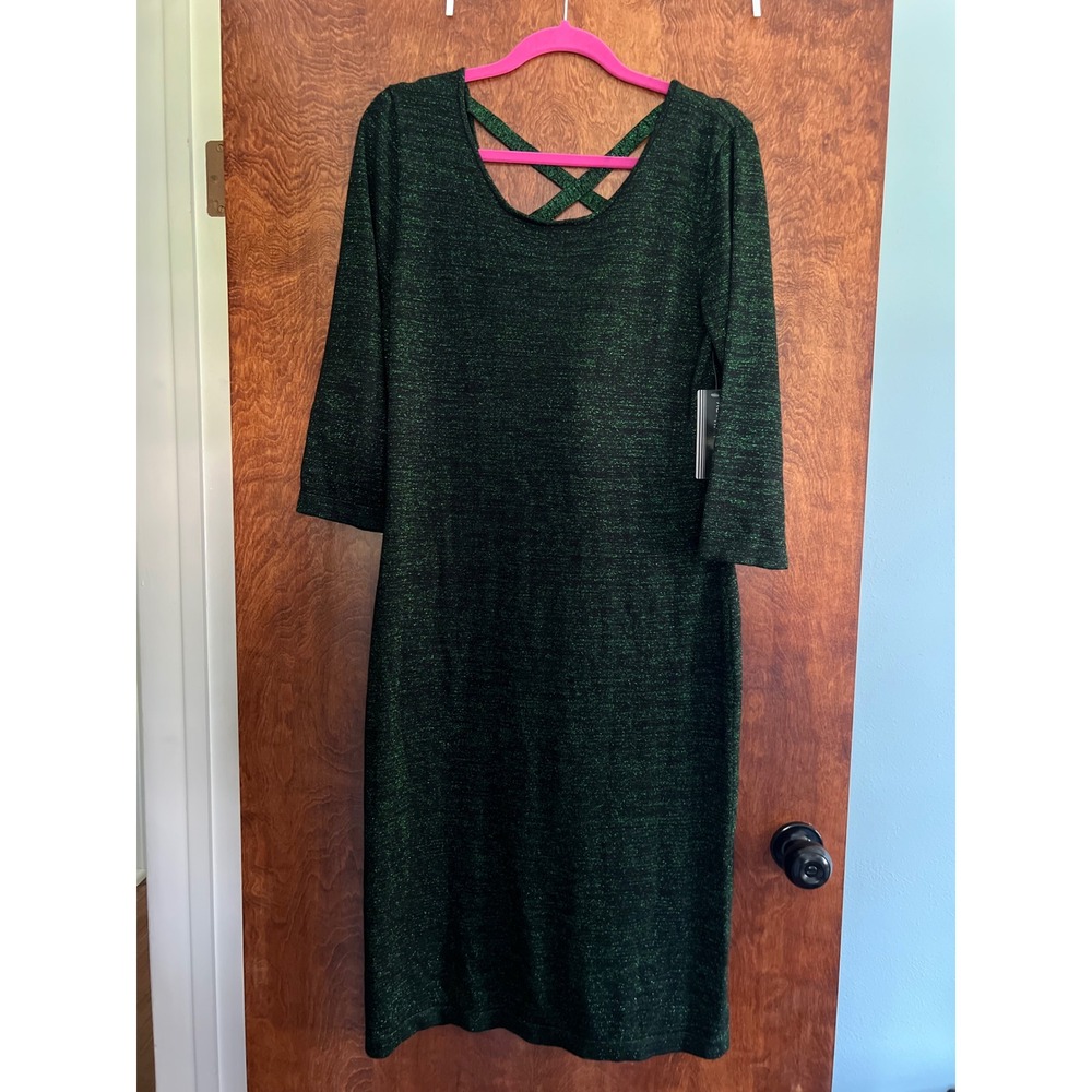 NEW Allison Brittney Dress Women L Green Metallic Knit Crisscross Back 3/4 Slv